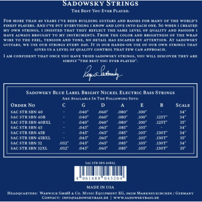 Sadowsky Blue Label Struny pre 5-strunovú Basgitaru 045-130T Nikel