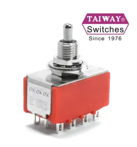 Taiway 4PDT Mini Prepínač ON-ON-ON, Krátka páčka, Spájkovacie očká