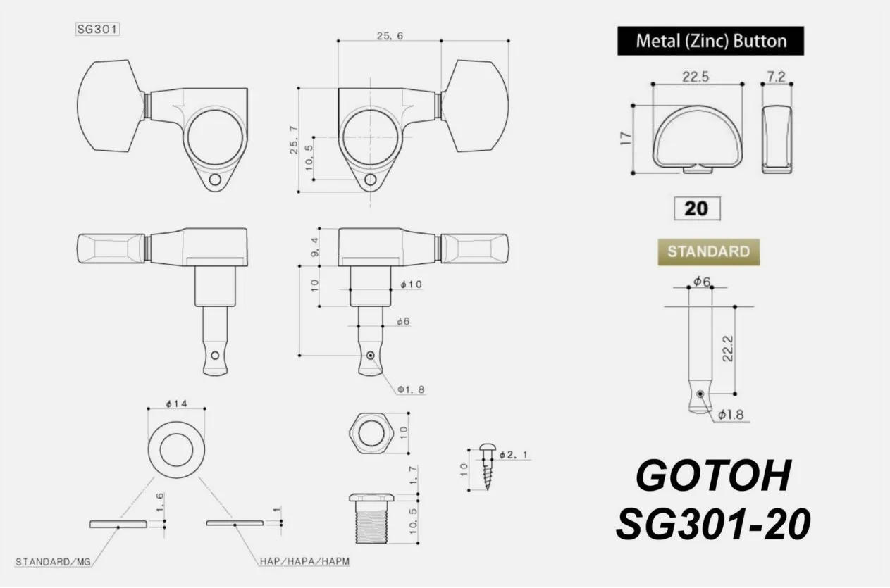 Gotoh SG301-20 Ladiace Mechaniky pre Gitaru Sada 3L+3R Cosmo-black