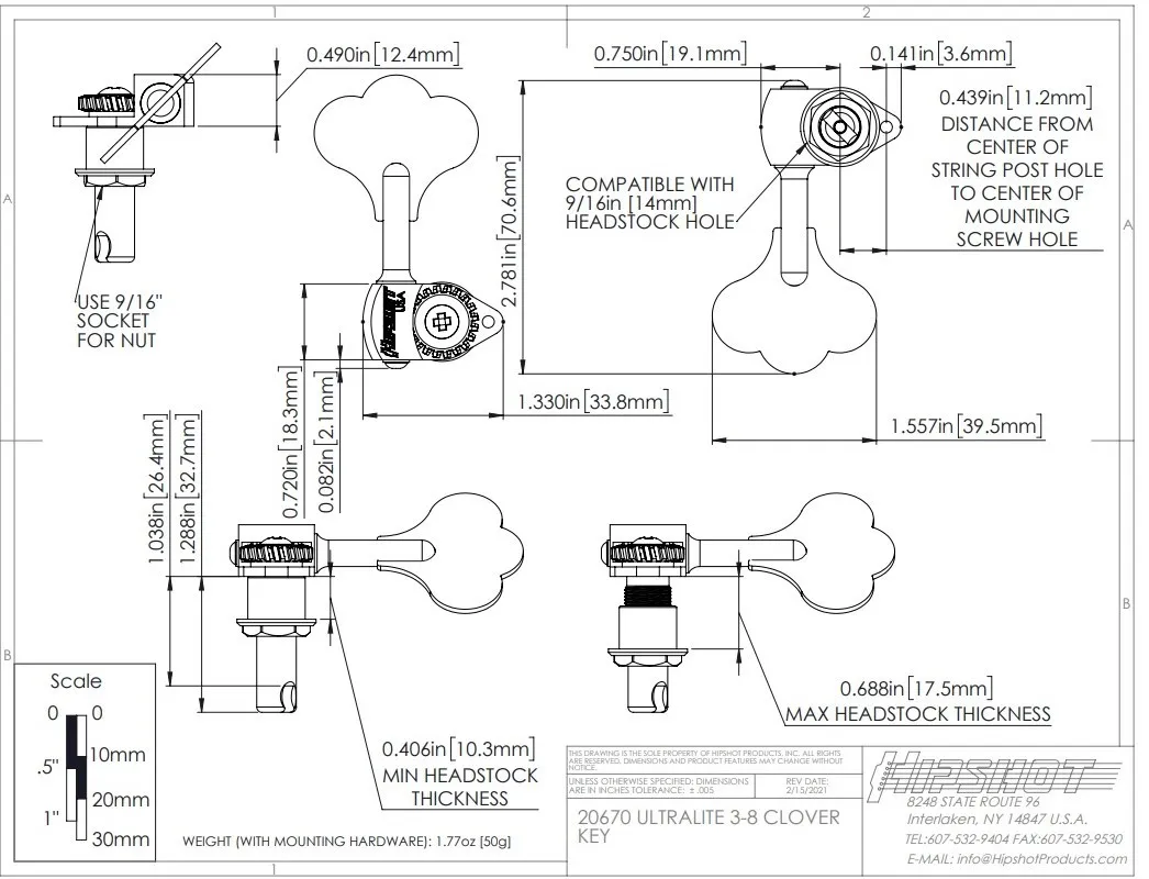 Hipshot Licensed Ultralite 3/8" Ladiaca mechanika pre Basgitaru / Ľavá strana / Chrom