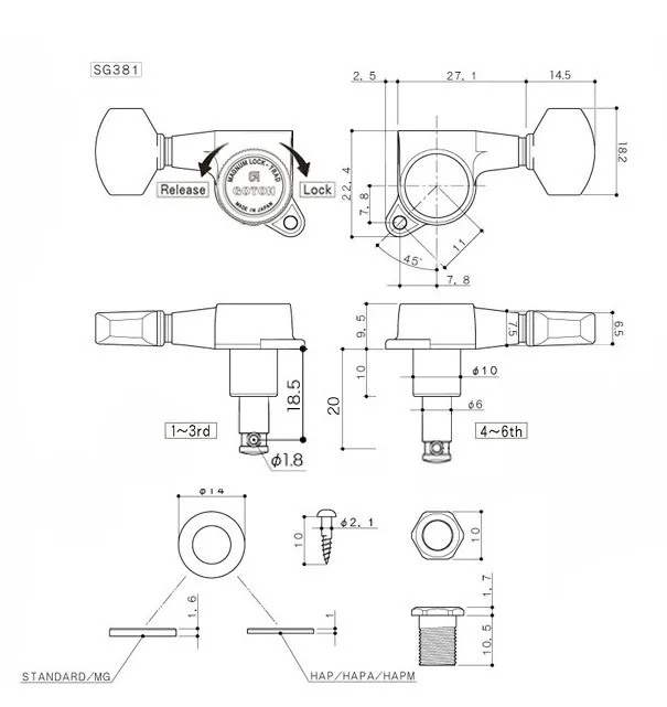 Gotoh SG381-07 MG Uzamykacia Ladiaca Mechanika pre Gitaru Pravá Strana Struny E,A,D Cosmo-black