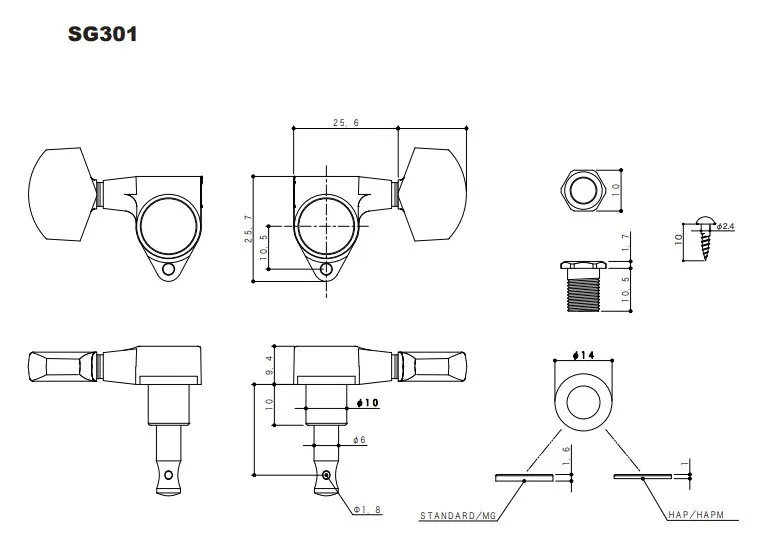 Gotoh SG301-20 MG-T Sada Uzamykateľných Ladiacich Mechanik pre Gitaru 3R+3L Zlatá