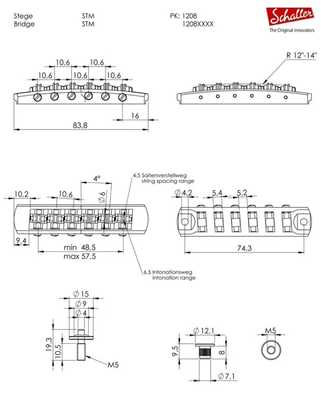 Schaller STM – Valčeková kobylka pre 6-strunovú gitaru Les Paul, Nikel