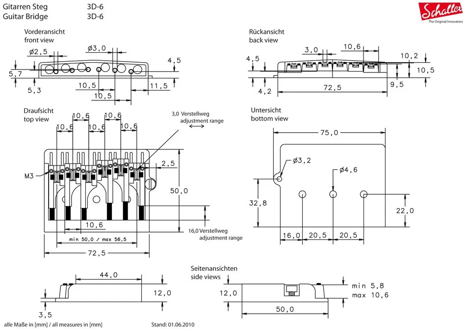 Schaller 3D-6 Valčeková pevná kobylka pre 6-strunovú gitaru – Chróm