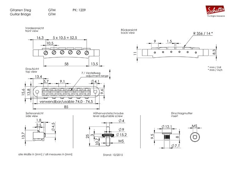 Schaller GTM Kobylka Tune-O-Matic pre 6-strunovú gitaru Les Paul , Chróm