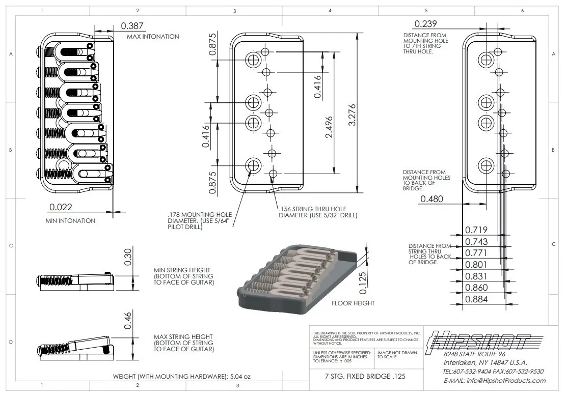 Hipshot – Pevná Kobylka pre 7-strunovú Gitaru (.125), Zlatá (41070G)