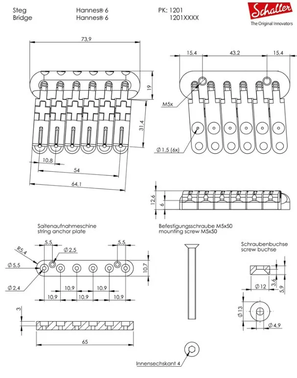 Schaller Hannes Pevná kobylka pre 6-strunovú gitaru typ ST – Čierna