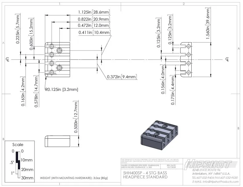 Hipshot – Kobylka pre 4-strunovú Bezhlavovú Basgitaru, Čierna (5H400B-750)