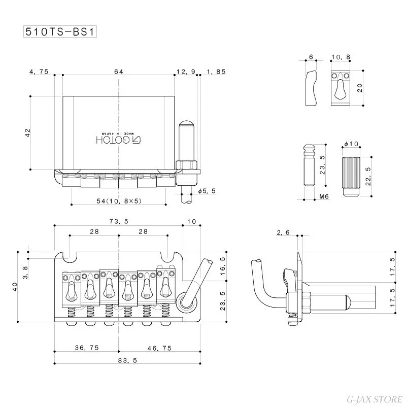 Gotoh 510TS-BS1 – 6-strunové tremolo s oceľovým blokom (ST-Style), Čierne