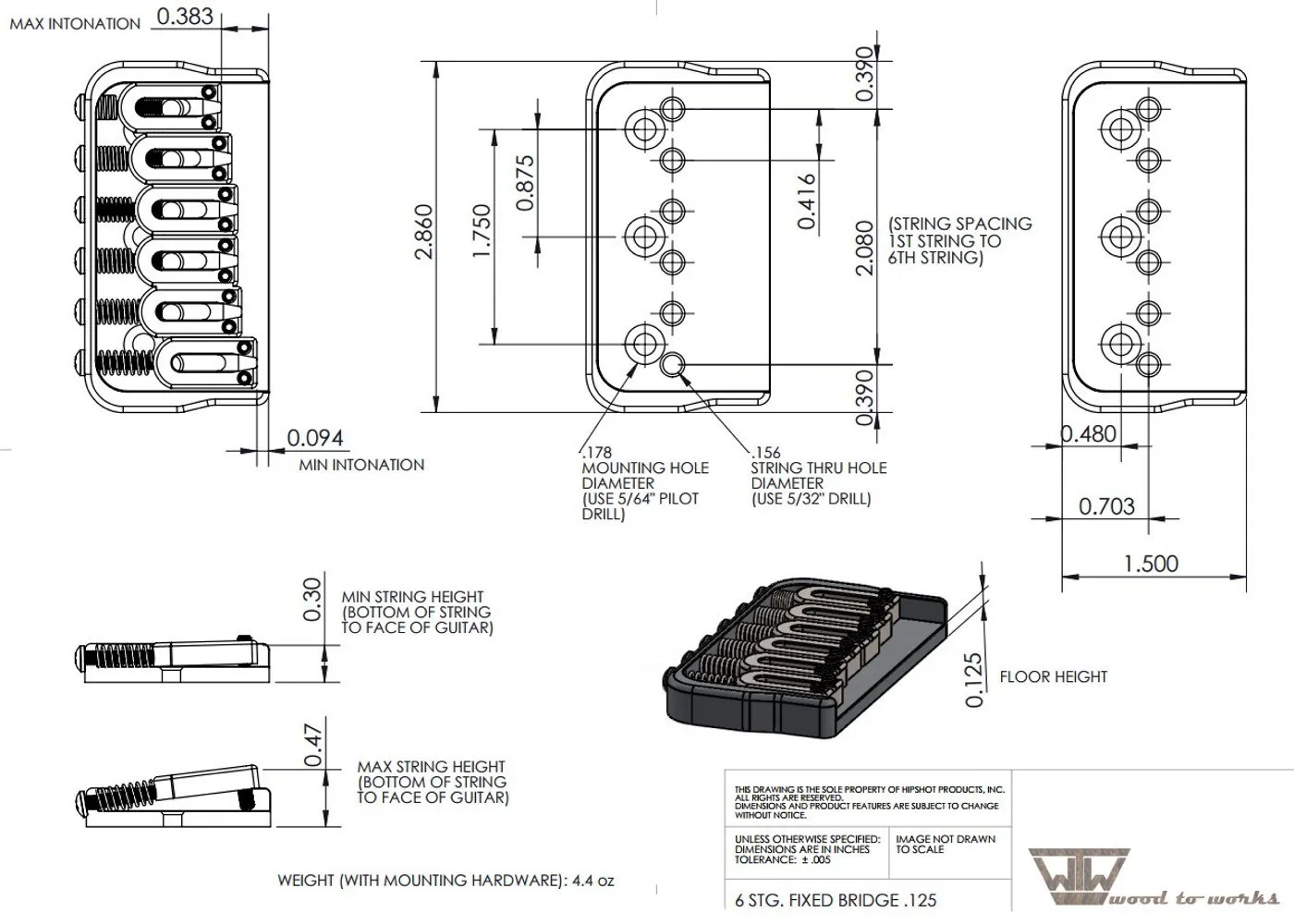 Hipshot - Pevná Kobylka pre 6-strunovú Gitaru typ ST – (.125), Chróm (41060C)