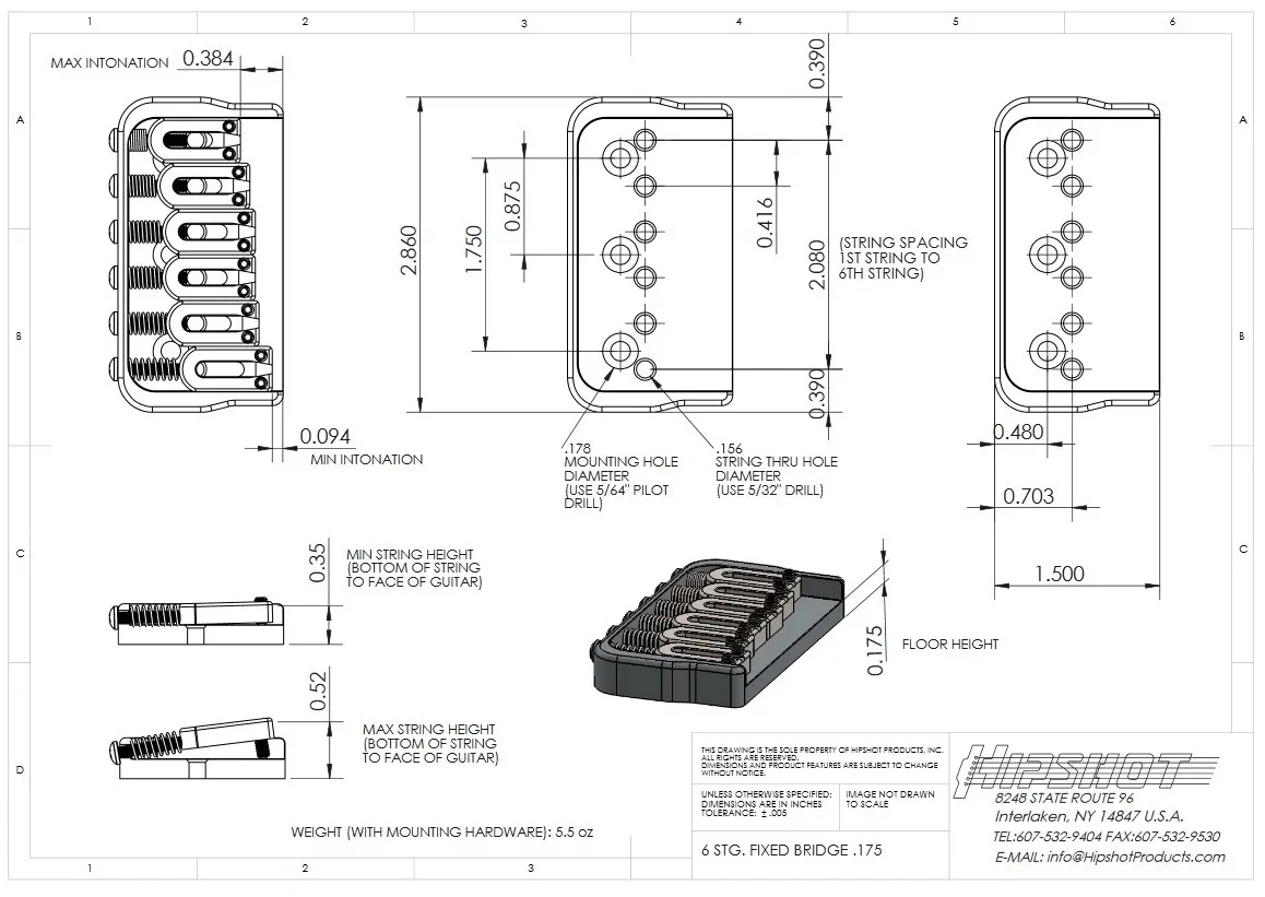 Hipshot - Pevná Kobylka pre 6-strunovú Gitaru typ ST – (.125), Čierna (41060B) 