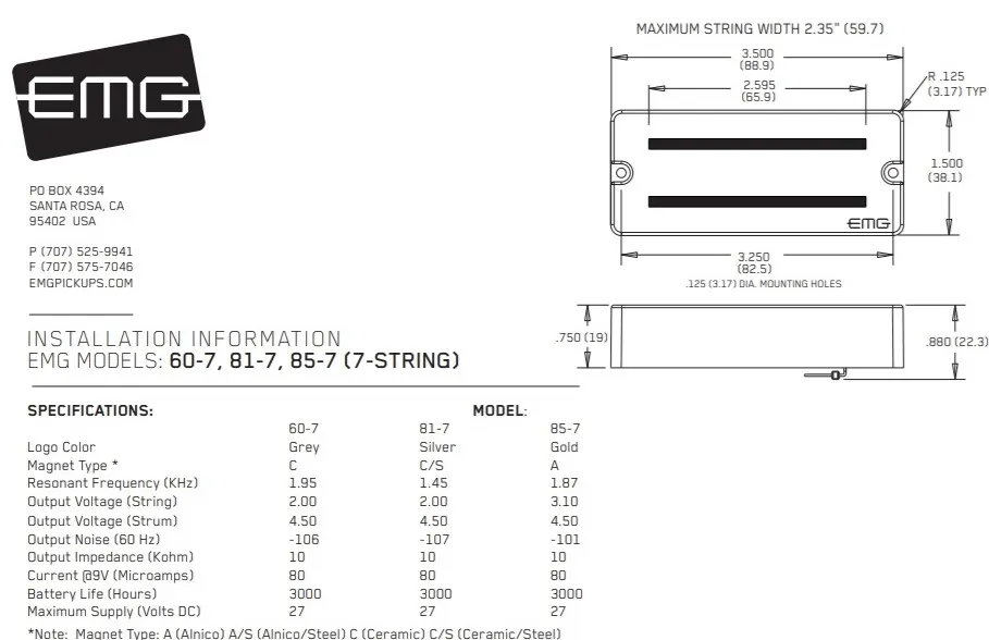 EMG 85-7 Gitarový Snímač Humbucker Active Čierna EMG 85-7 Gitarový Snímač Humbucker Active Čierna