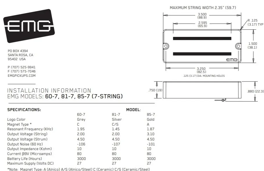 EMG 85-7 Humbucker Snímač pre 7-strunovú Elektrickú Gitaru Čierna EMG 85-7 Humbucker Snímač pre 7-strunovú Elektrickú Gitaru Čierna
