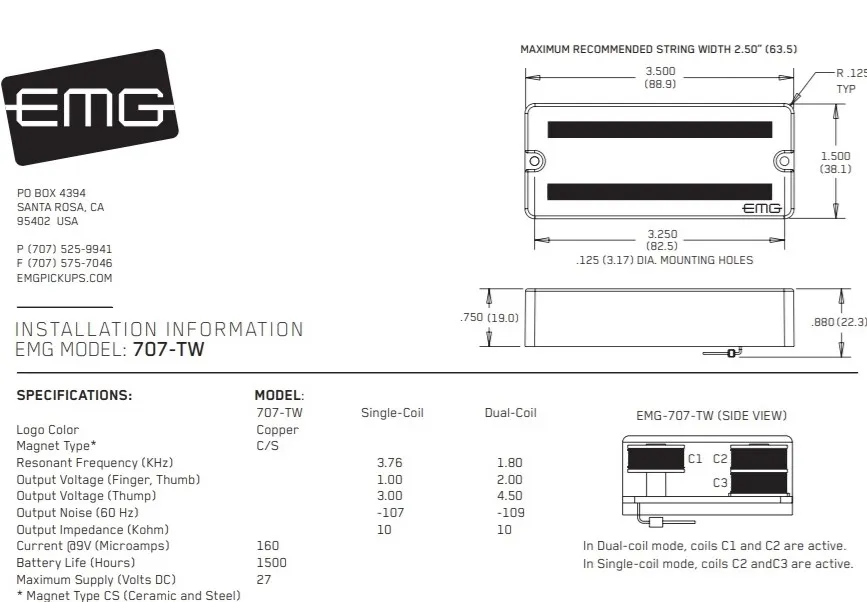 EMG 707 TW Gitarový Snímač Humbucker Active Soapbar Čierna EMG 707 TW Gitarový Snímač Humbucker Active Soapbar Čierna