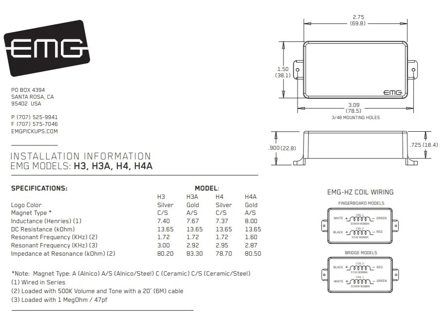EMG H4 Gitarový Snímač Bridge Pasive Čierna