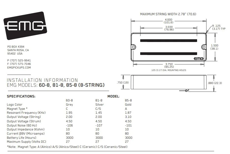 EMG 81-8 Aktívny Gitarový Snímač Humbucker, Čierna EMG 81-8 Aktívny Gitarový Snímač Humbucker, Čierna