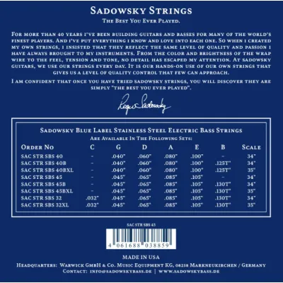 Sadowsky Blue Label Struny pre 4-strunovú Basgitaru 045-105 Oceľ