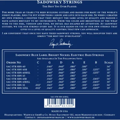 Sadowsky Blue Label Struny pre 5-strunovú Basgitaru 045-130T Nikel