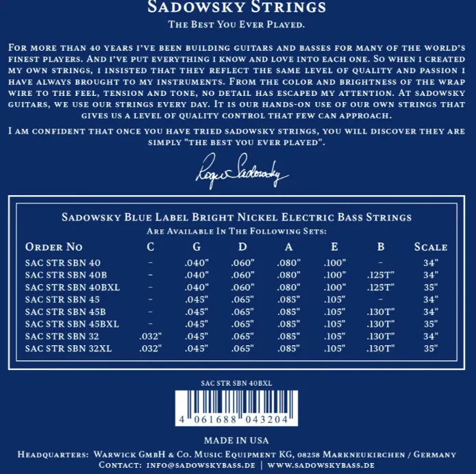 Sadowsky Blue Label Struny pre 5-strunovú Basgitaru 045-130T Nikel Sadowsky Blue Label Struny pre 5-strunovú Basgitaru 045-130T Nikel