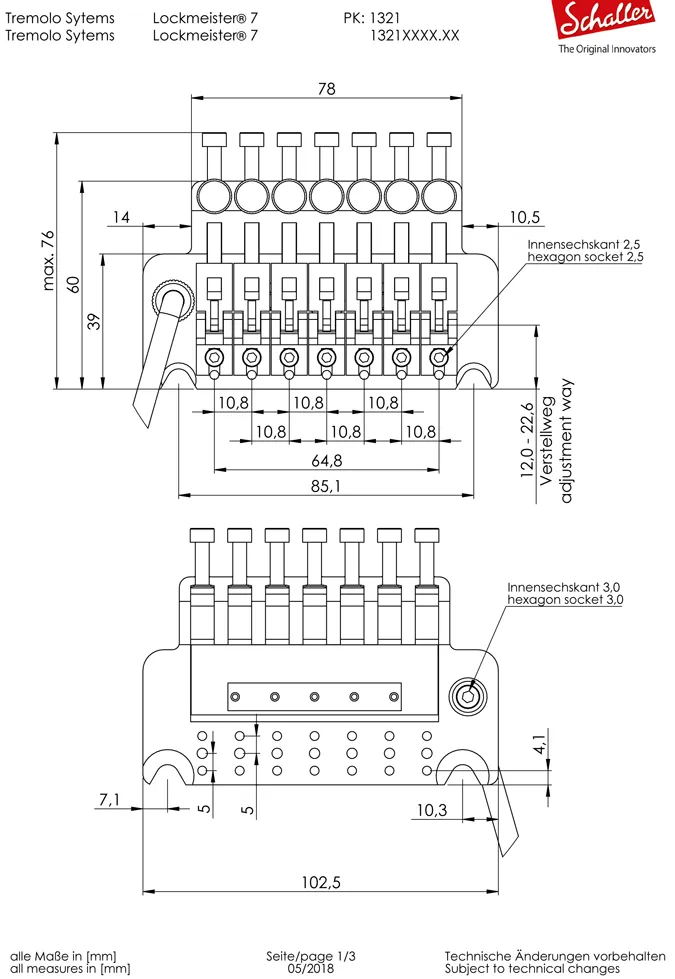 Schaller LockMeister® 7 – 7-strunový tremolo systém, Zlatý Schaller LockMeister® 7 – 7-strunový tremolo systém, Zlatý