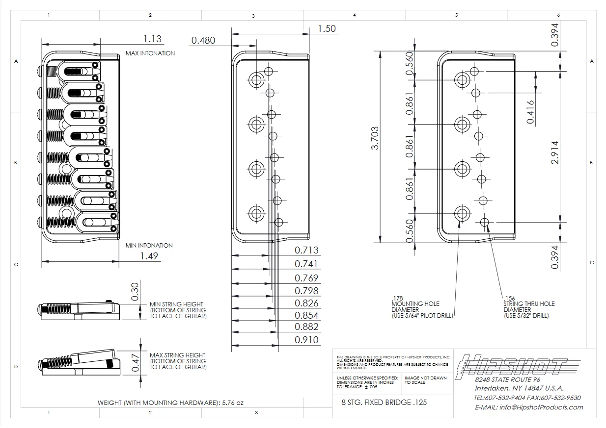 Hipshot – Pevná Kobylka pre 8-strunovú Gitaru (.175), Chróm (41080C)