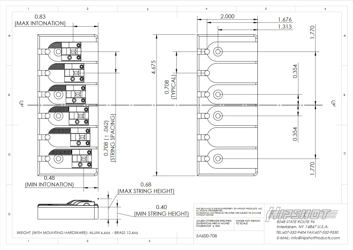 Hipshot – Kobylka A-Style pre 6-strunovú Basgitaru, Čierna (5A600BB-708)